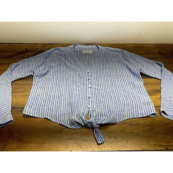 Rails Tops - RAILS Womens Medium Val Belmont Stripe Shirt Tie Front Linen Blend Top Blouse